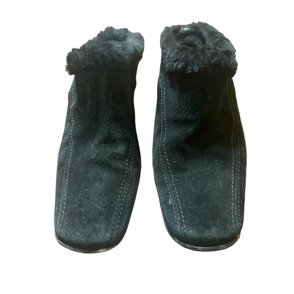 Aquatalia Black Suede Faux Fur Mules Shoes Block Heel Wedge Size 6.5 - Picture 2 of 5
